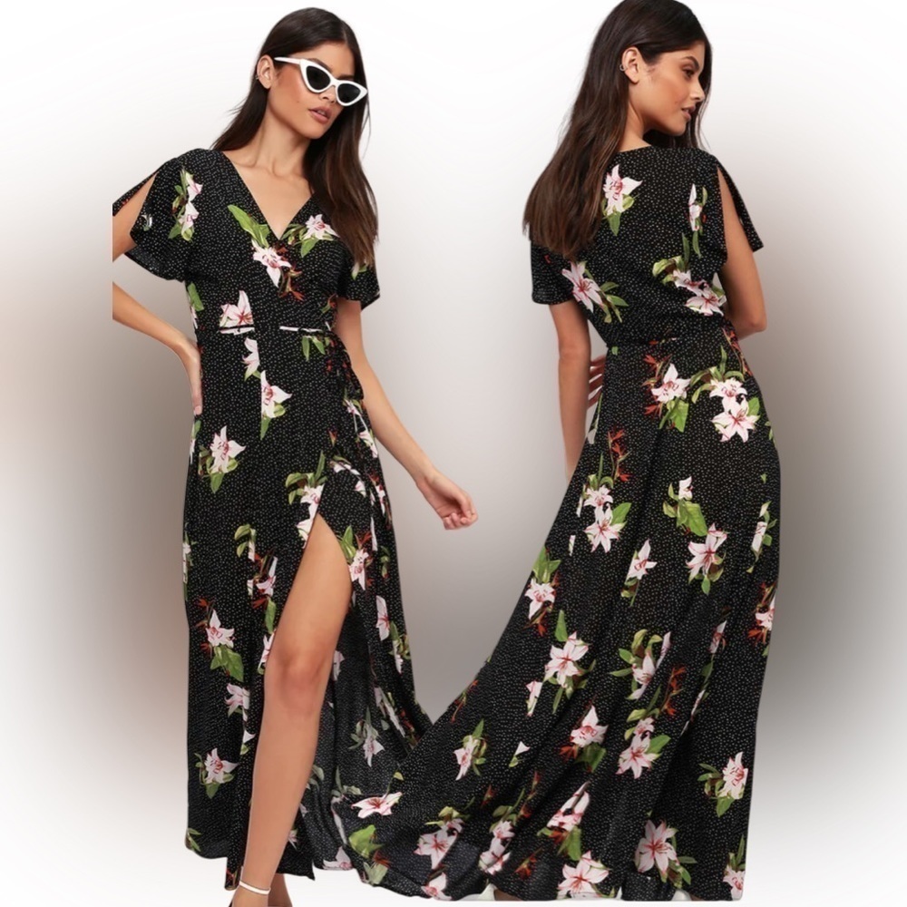 LULU’S tropical print maxi dress in black